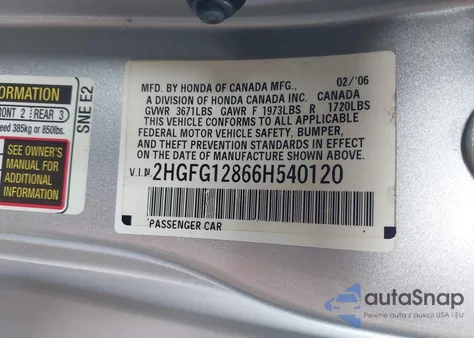 2006 Honda Civic Ex z USA, uszkodzony, nr VIN 2HGFG12866H540120